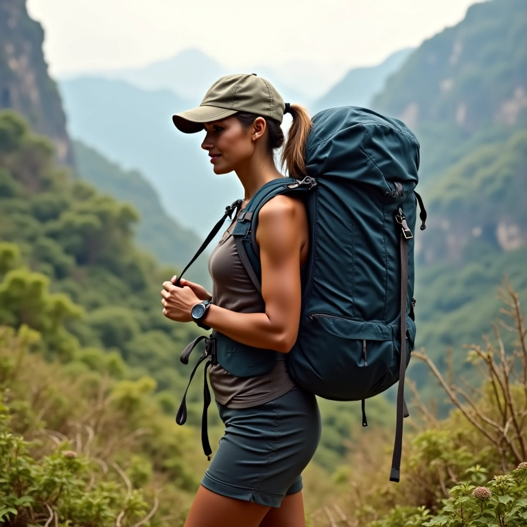 Mochileira ajustando mochila cargueira, Foz do Iguaçu.