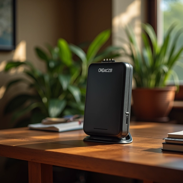 Modem Oi Banda Larga em mesa de madeira em escritório doméstico brasileiro.