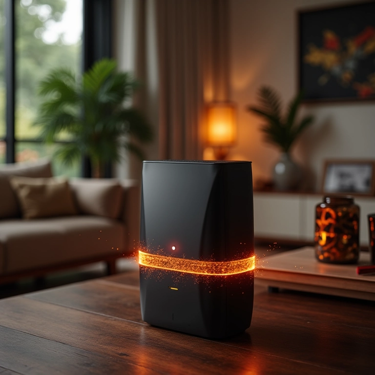 Modem Oi Fibra com cabos de fibra ótica em sala de estar com decoração brasileira moderna.