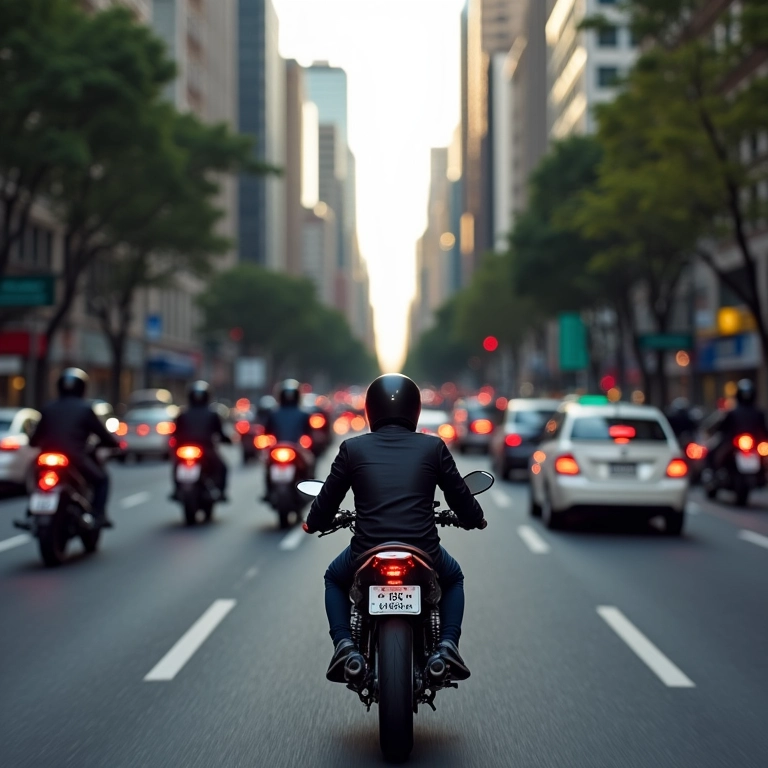 Motociclista em meio ao trânsito de São Paulo.