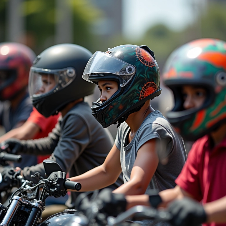 Motociclistas com capacetes de estilos variados.