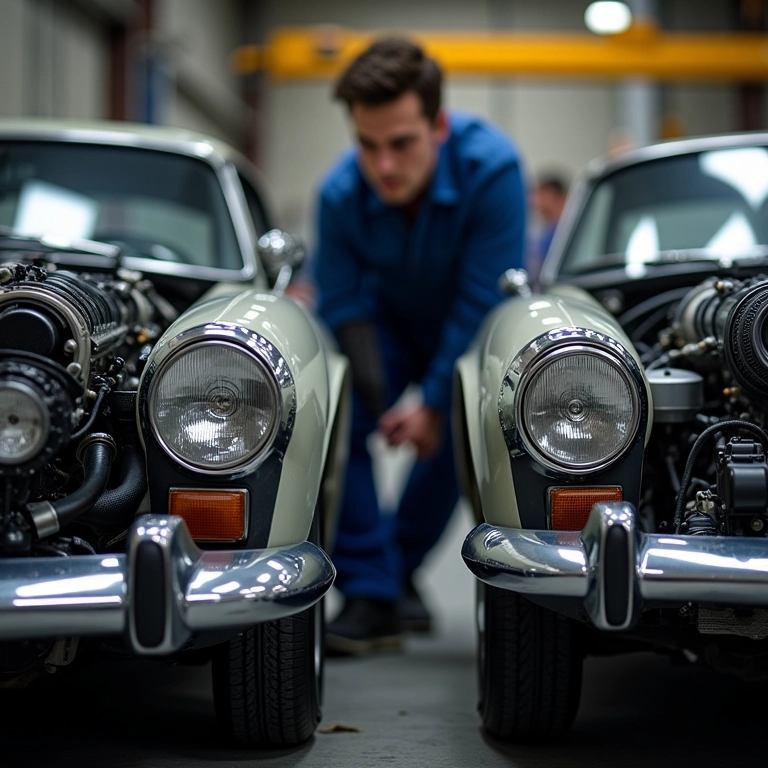 Motores de um Duster e um TR4 lado a lado, sendo inspecionados por um mecânico.