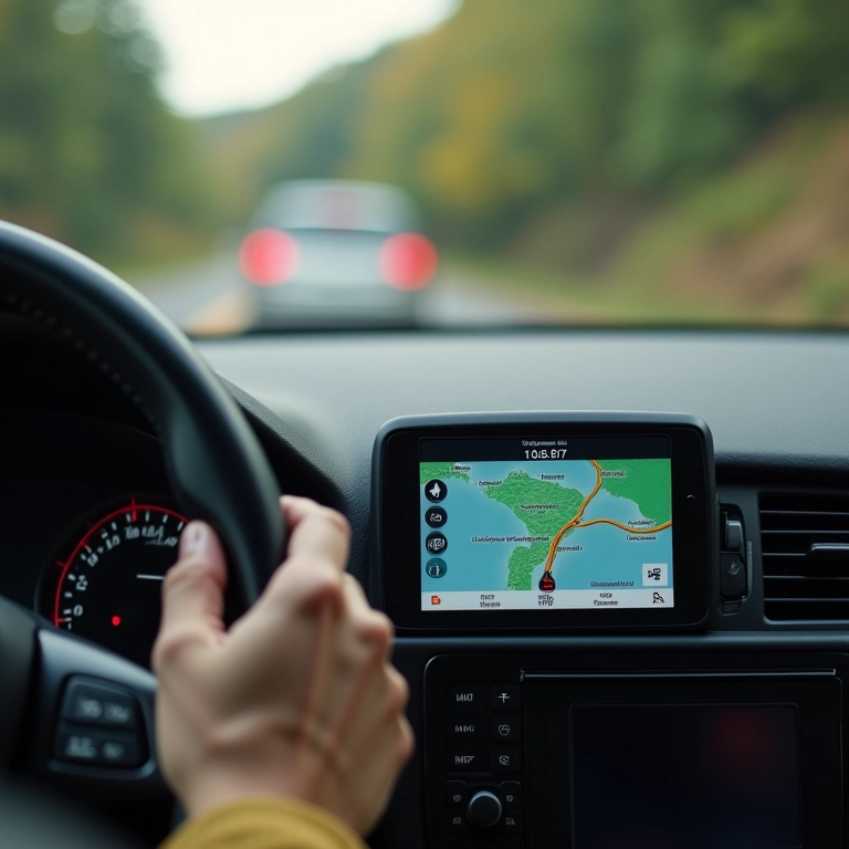 Motorista planejando a rota em um dispositivo GPS para evitar trânsito e economizar combustível.