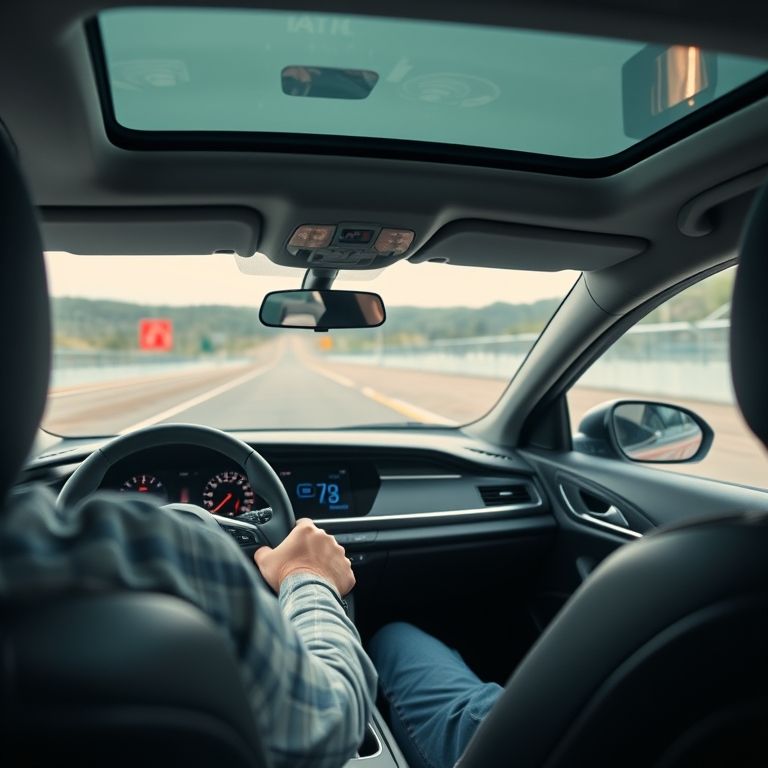 Motorista utilizando o freio de estacionamento eletrônico durante uma simulação de frenagem de emergência em uma pista de testes.