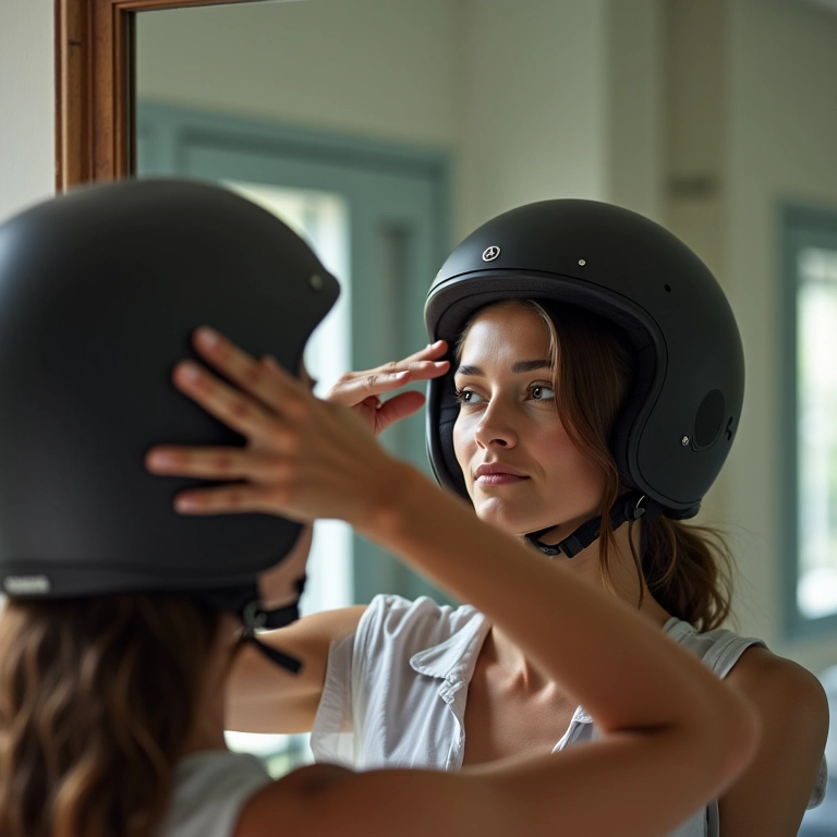Mulher ajustando um capacete no espelho.