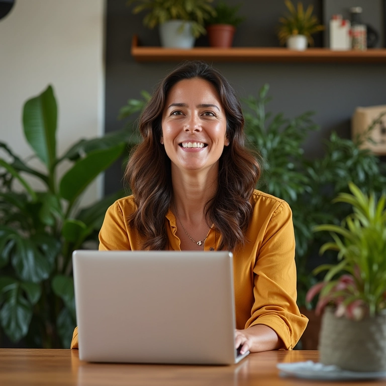 Mulher brasileira apresentando um webinar sobre estratégias de marketing de mídia social.