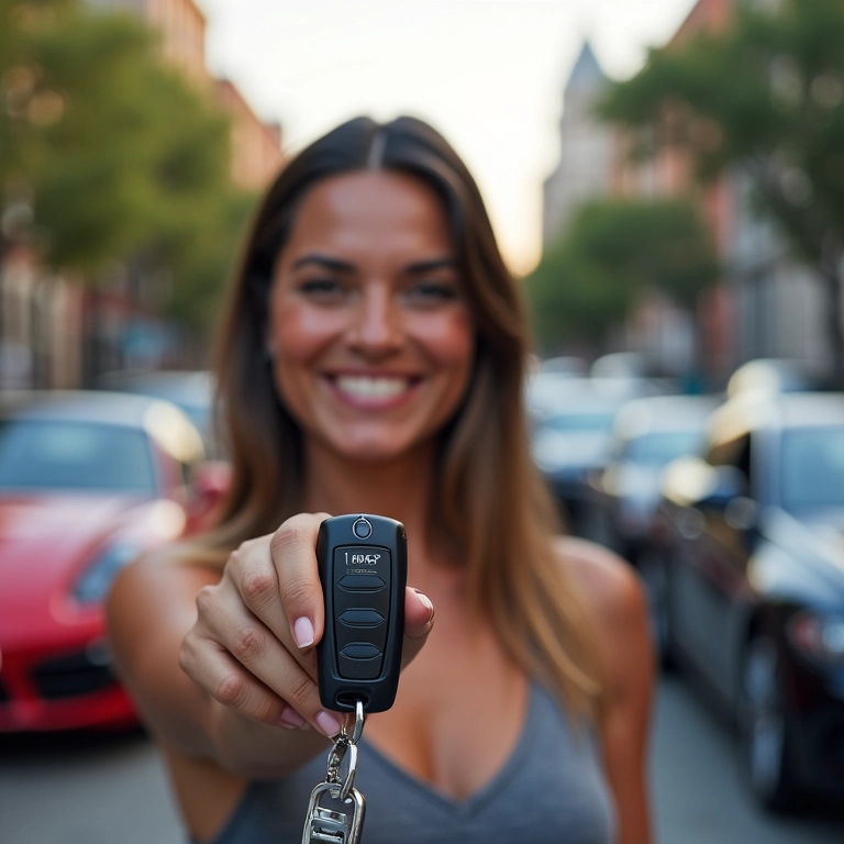 Mulher brasileira sorrindo com chaves de carro, modelos de carros ao fundo, ambiente urbano vibrante.