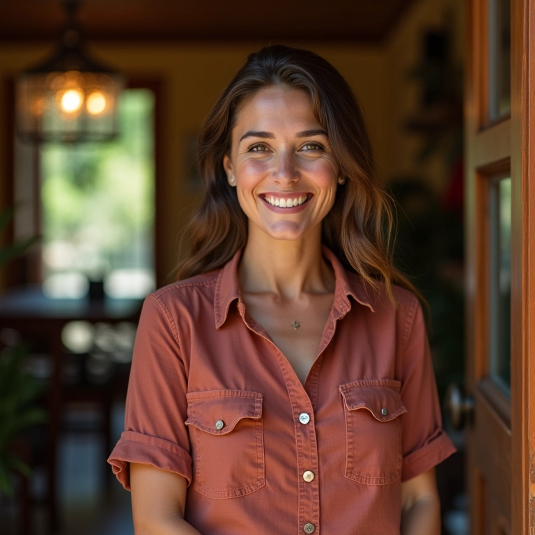 Mulher catarinense sorrindo e acolhendo visitantes em pousada charmosa no Vale Europeu.