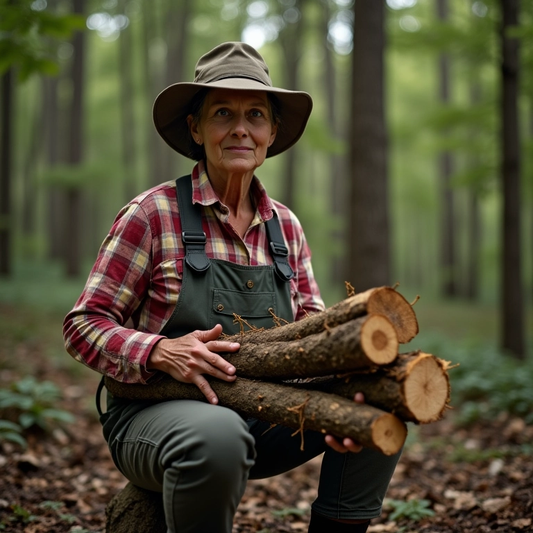 Mulher coletando lenha para camping selvagem responsável.