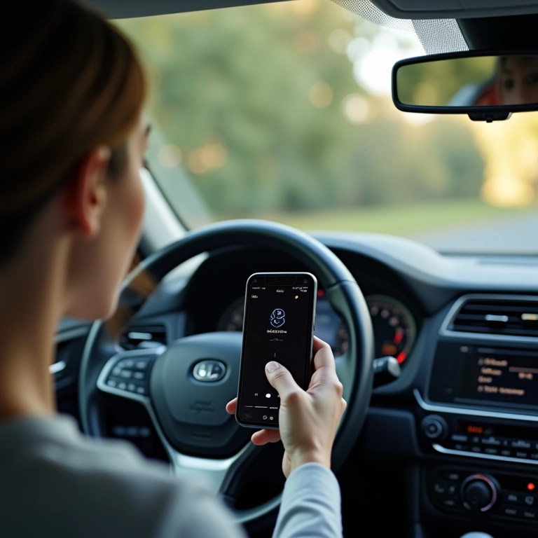 Mulher conectando smartphone ao Bluetooth do carro.
