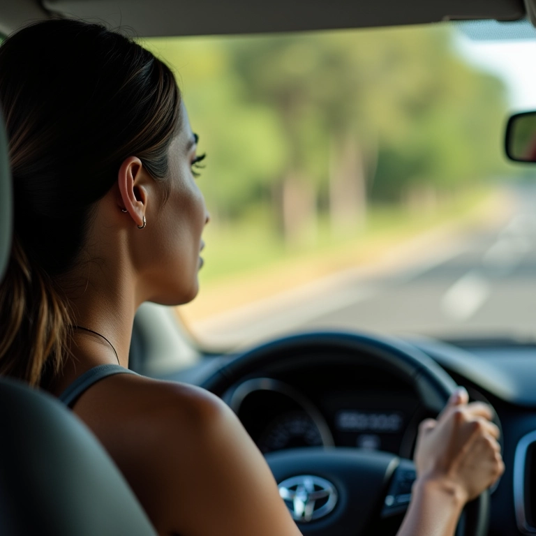 Mulher dirigindo carro com atenção.