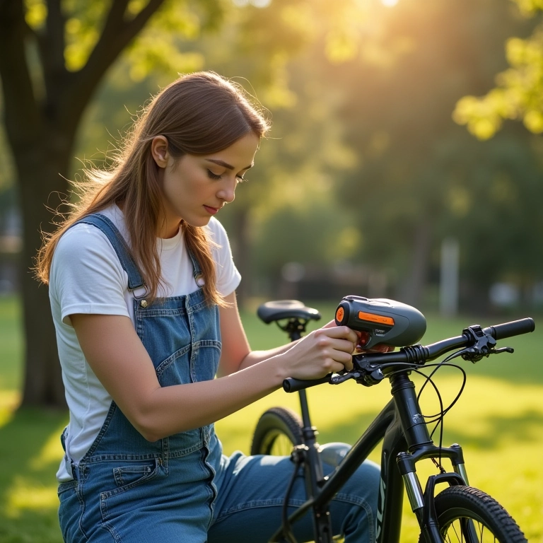 Mulher enchendo pneu de bicicleta com inflador sem fio em parque ensolarado.