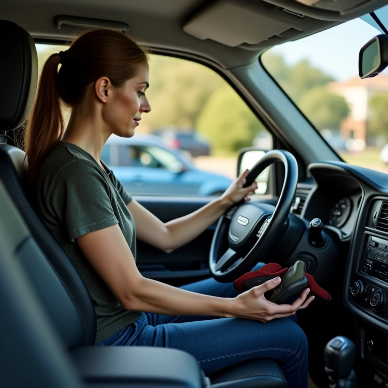 Mulher escolhendo tênis para dirigir, priorizando conforto.