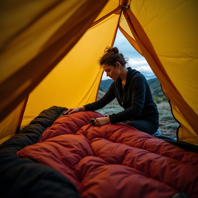 Mulher fechando saco de dormir de alta qualidade dentro da barraca, Campos do Jordão.