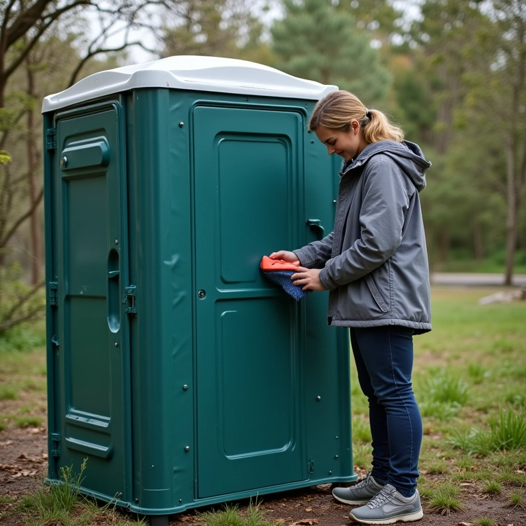 Mulher limpando banheiro portátil após uso intenso.