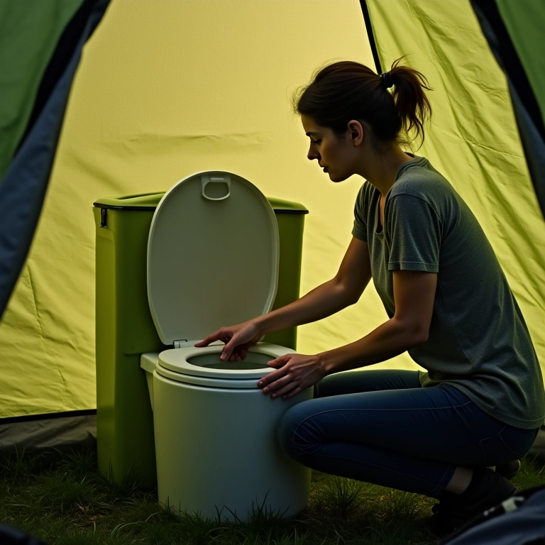 Mulher limpando banheiro portátil de acampamento dentro de barraca.