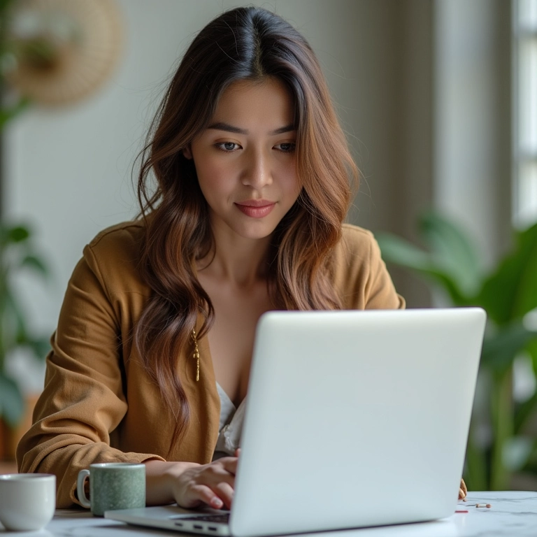 Mulher mostrando um produto de afiliado em seu blog.