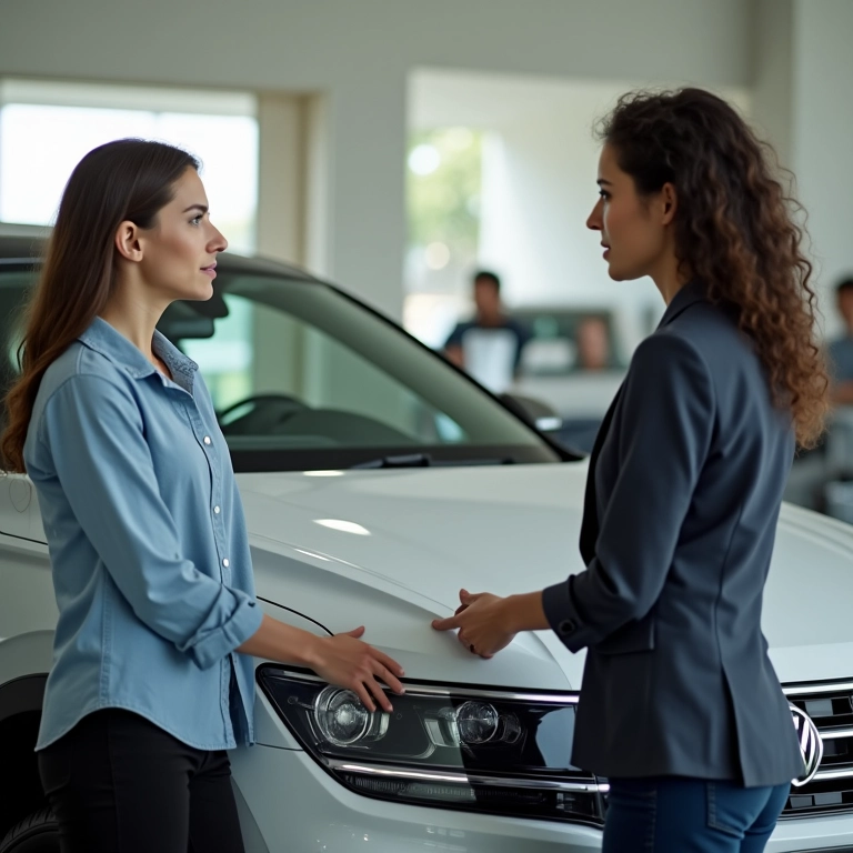 Mulher negociando o preço de um VW Gol.