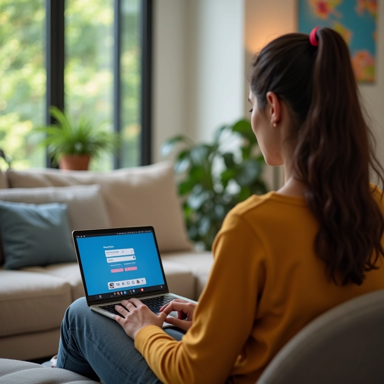Mulher pesquisando a disponibilidade da Oi Fibra em sua região usando um laptop.