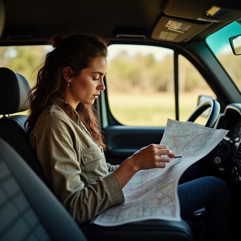 Mulher planejando rota em veículo 4x4 com mapas.