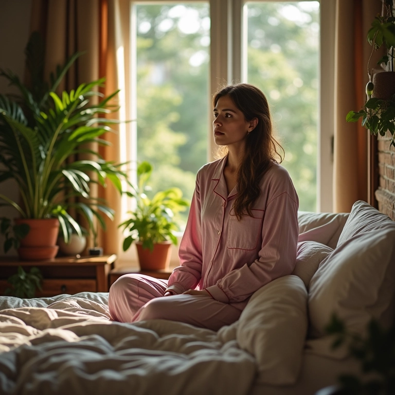 Mulher preocupada com o barulho do vento na janela de seu quarto aconchegante.