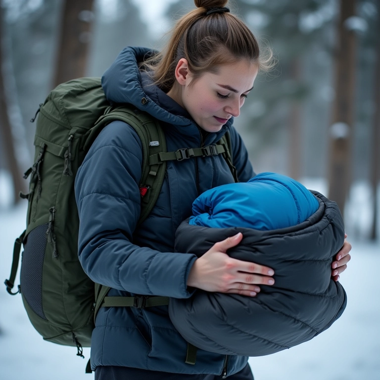 Mulher preparando saco de dormir -10°C para acampamento.