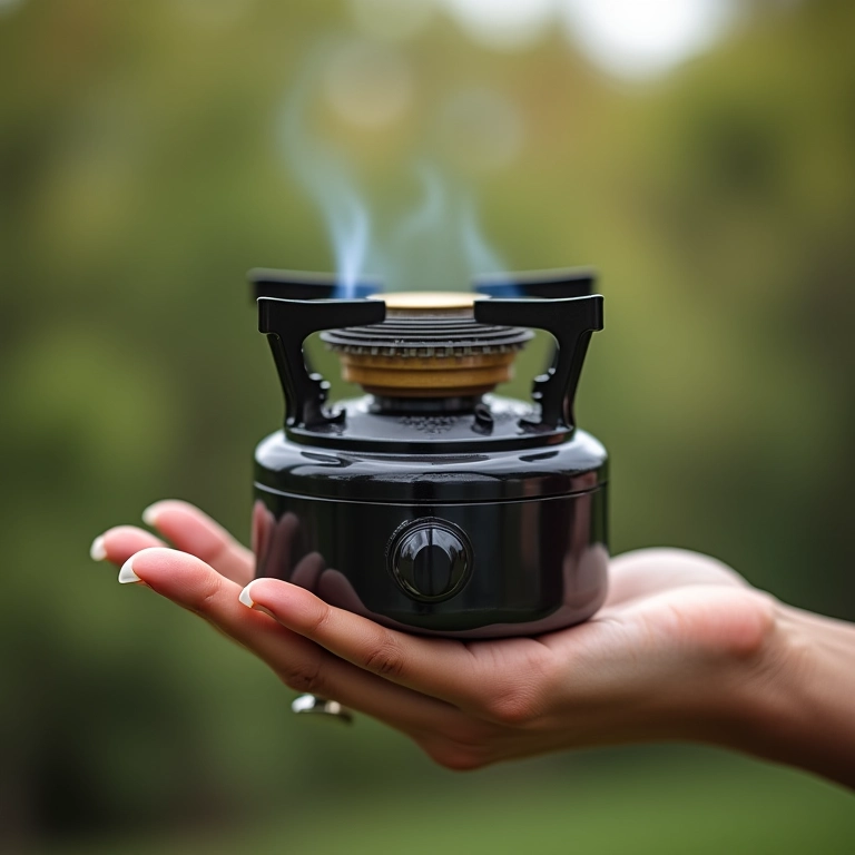 Mulher segurando fogareiro portátil leve, demonstrando a facilidade de transporte.