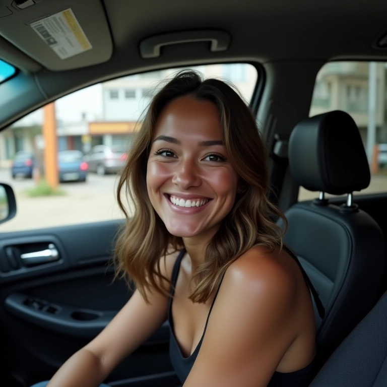 Mulher sorrindo dentro de um VW Gol, mostrando versatilidade.