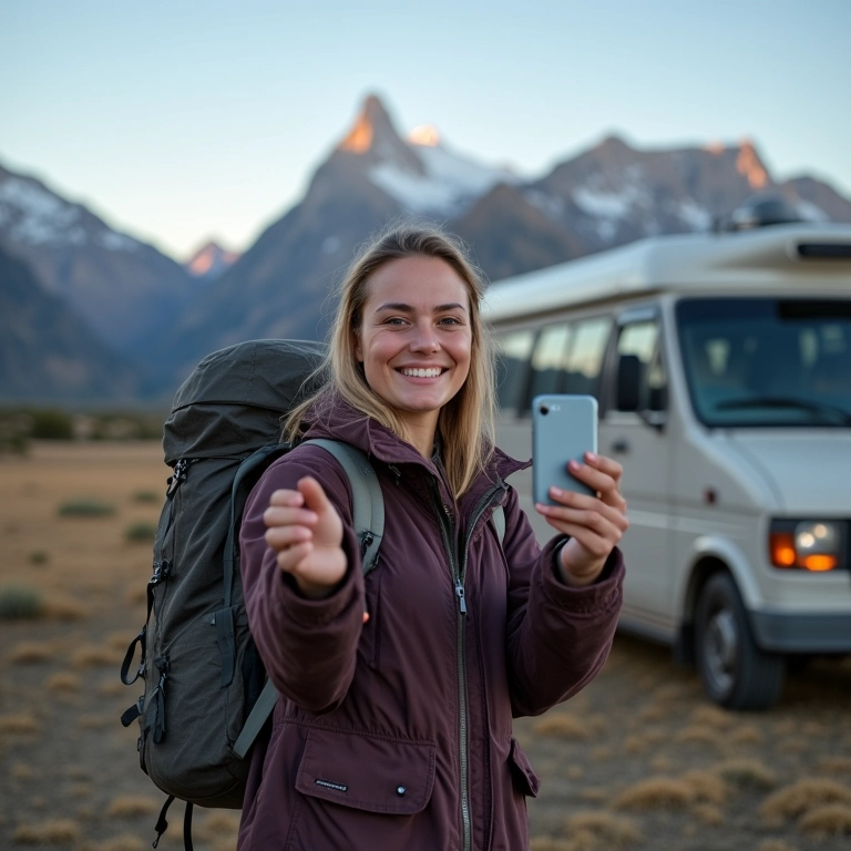 Mulher sorrindo em frente ao campervan, Patagônia, tirando selfie.