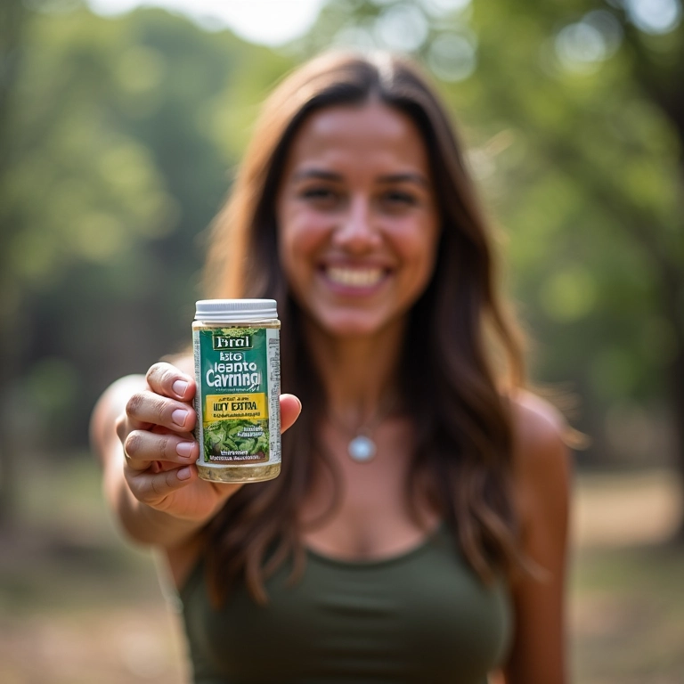 Mulher sorrindo, mostrando produto de camping favorito, Minas Gerais.