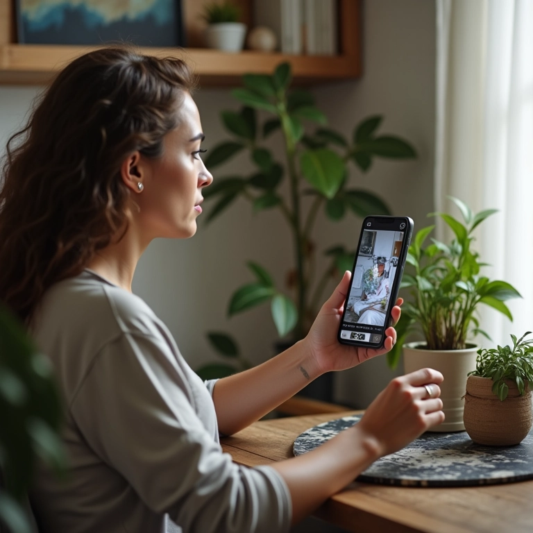 Mulher trabalhando em casa usando Oi Fibra e Oi Móvel simultaneamente.