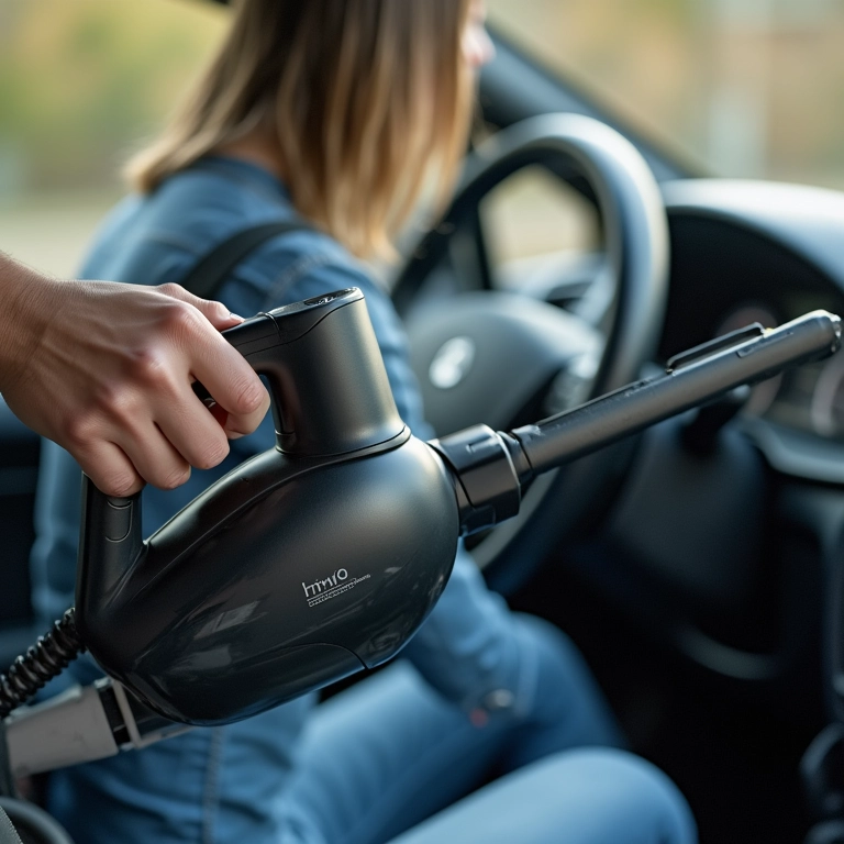 Mulher usando aspirador de pó automotivo leve e ergonômico.