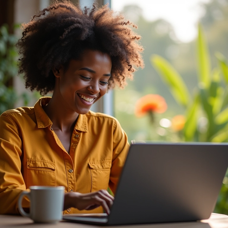 Mulher verificando ganhos do AdSense em seu laptop.