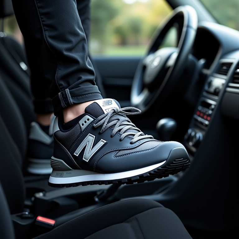 New Balance 574 nos pés do motorista, posição confortável.