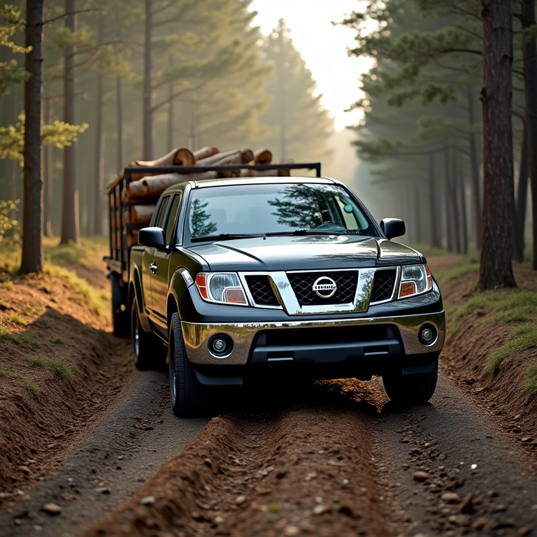 Nissan Frontier trabalhando duro, rebocando toras de madeira na floresta.