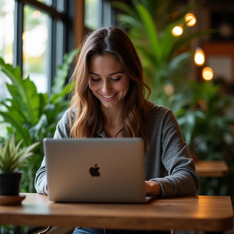 Nômade digital trabalhando em um café brasileiro, interagindo com seus seguidores online.