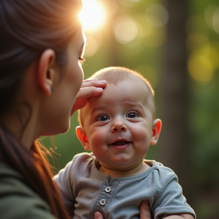 Pai/mãe verificando a temperatura do bebê durante um acampamento.