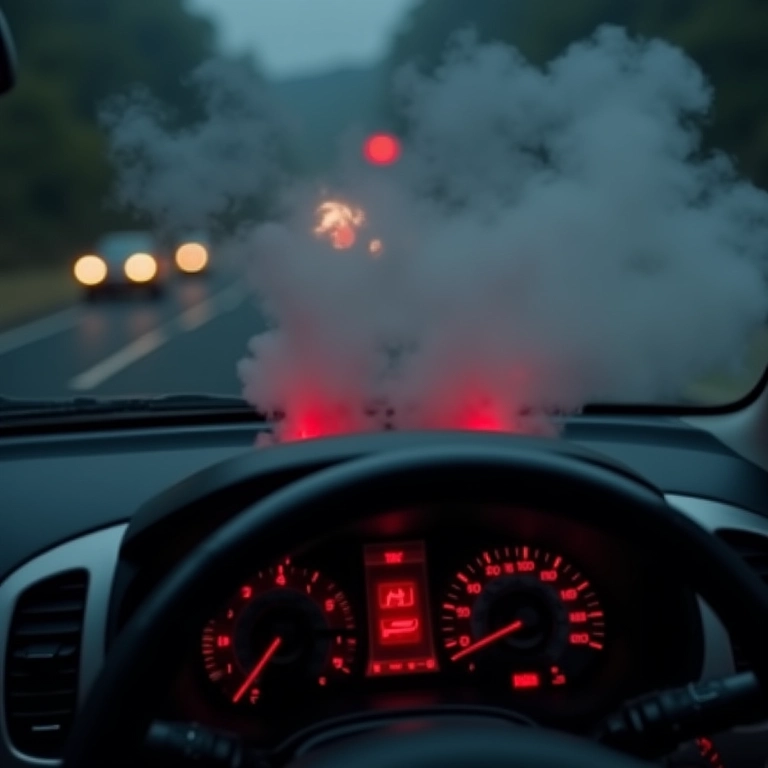 Painel de carro com luzes de alerta e fumaça no motor.