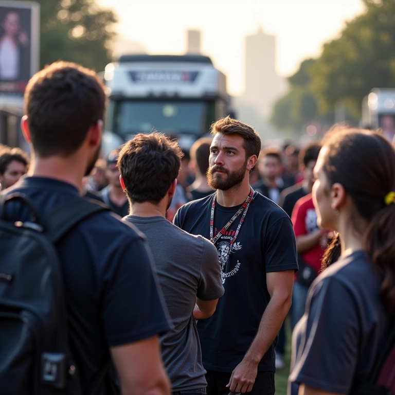 Painel móvel informando sobre evento público com grande público presente.