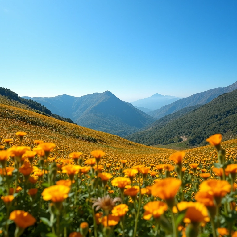Paisagem da Serra do Cipó na estação seca, com flores silvestres e céu azul.