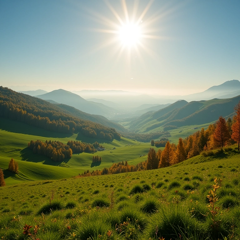 Paisagem do Vale Europeu ao sol no outono, com 4x4 ao longe. Melhor época para visitar.
