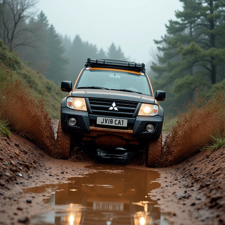 Pajero TR4 em trilha off-road com muita lama.