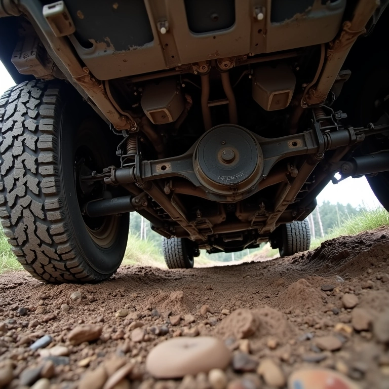 Parte inferior de um 4x4 danificada após trilha off-road, representando os custos de reparo.