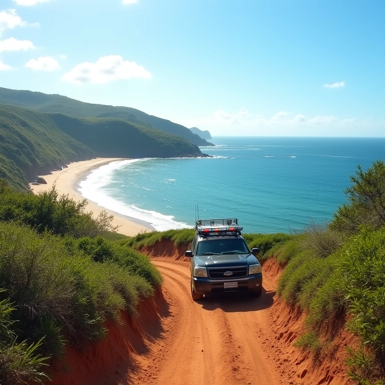 Passeio off-road pela Ponta da Baleia em Abrolhos, com vista para o oceano.
