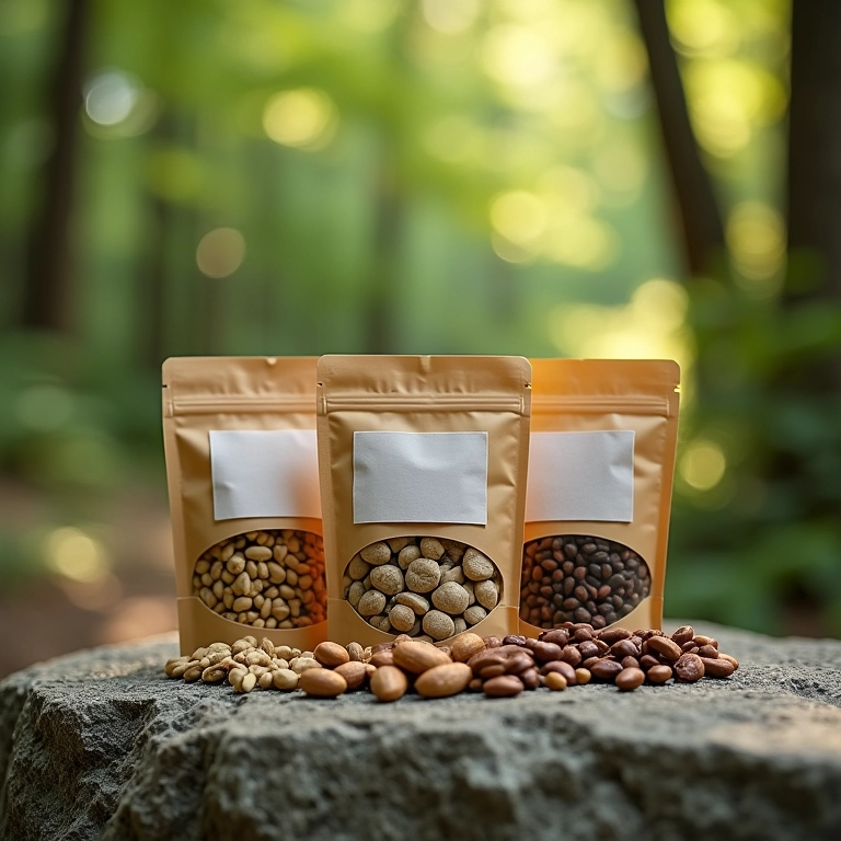 Pequenos saquinhos de mix de trilha, nozes e sementes exibidos em uma pedra na floresta.