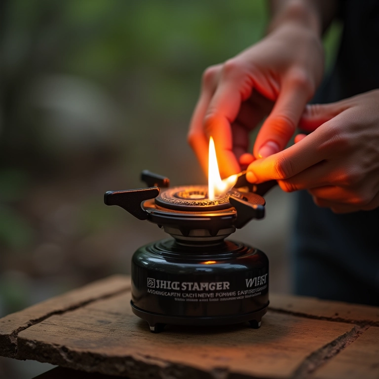 Pessoa acendendo fogareiro portátil com facilidade, demonstrando simplicidade de uso.