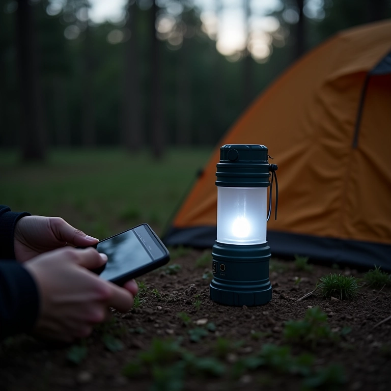 Pessoa carregando um lampião de LED com um power bank no camping.