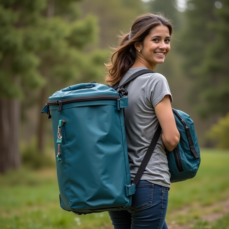 Pessoa carregando um vaso sanitário portátil leve com facilidade.