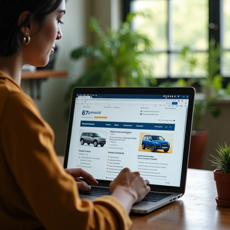 Pessoa comparando opções de seguro 4x4 em um laptop em um apartamento brasileiro moderno.