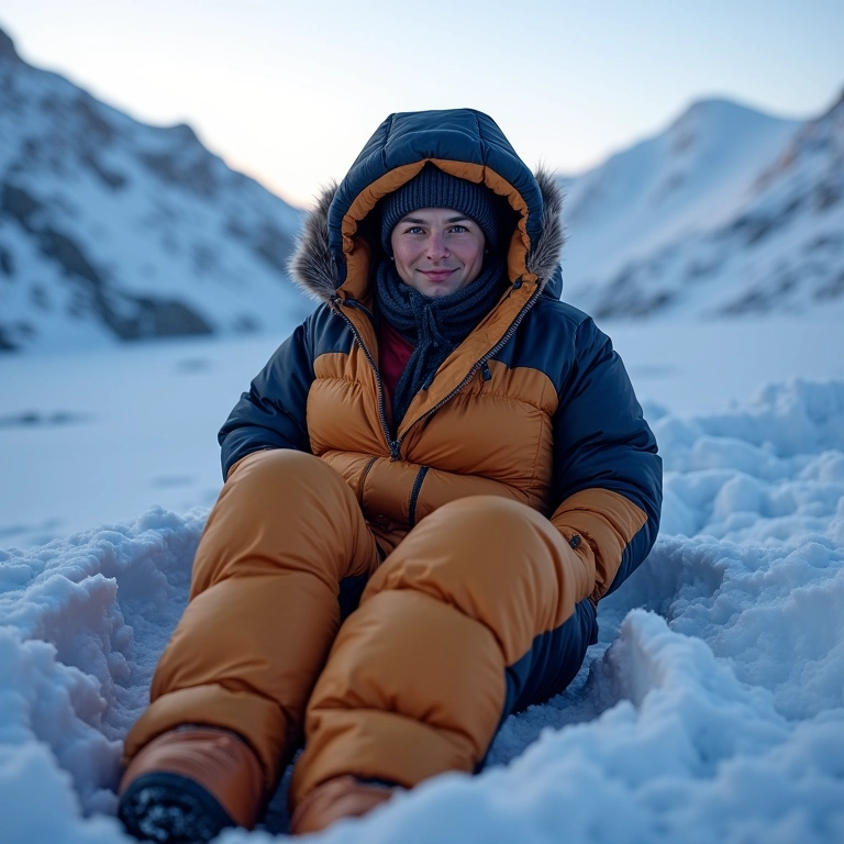Pessoa confortavelmente dentro de um saco de dormir a -10°C na neve.